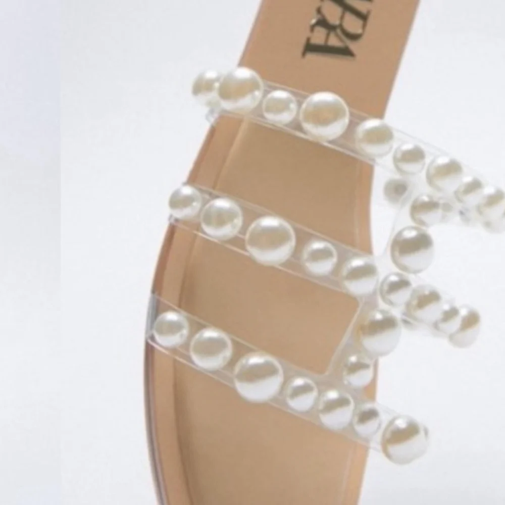 Zara Tan Sandals with Pearl Embellishments - Picture 3 of 6